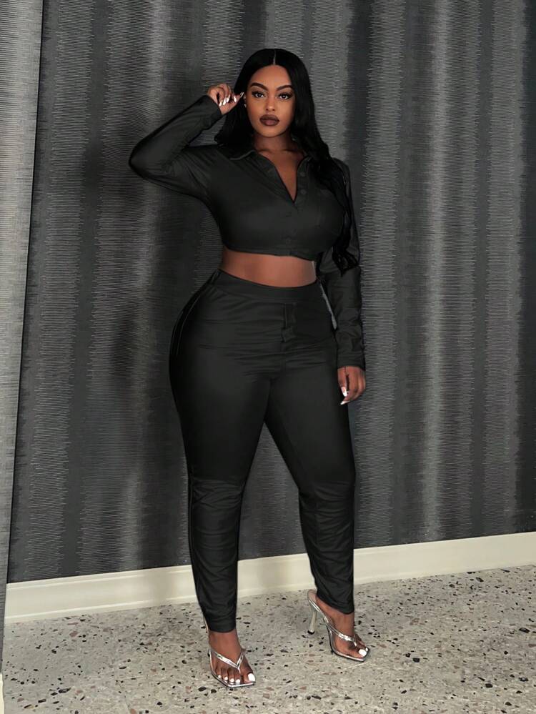 Plus Size Pu Leather Cropped Top And Skinny Pants Set