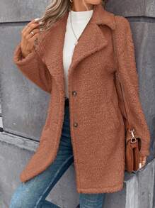 SHEIN Frenchy Shearling Coat With Single Breasted Button & Warm Thermal Lined - Coffee Brown - View 6