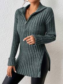 SHEIN Frenchy Half-Zip Split Side Sweater With Side Slit - Dark Green - View 6