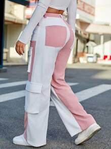 Y2K Streetwear High Waist Contrast Color Flap Pocket Corduroy Cargo Pants Pink Casual Spring - Pink - View 2