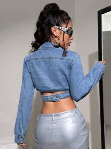 SHEIN ICON Y2k Blue Asymmetrical Cross Short Suit Jacket Women Denim Coat - Blue - View 2