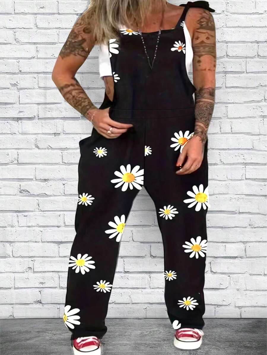 SHEIN LUNE Plus 1pc Daisy Print Overall Jumpsuit - Black - View 1