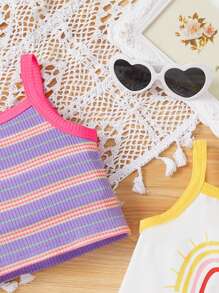 SHEIN Baby Girls' Rainbow Pattern Striped Tank Top Set, 3pcs - Multicolor - View 3