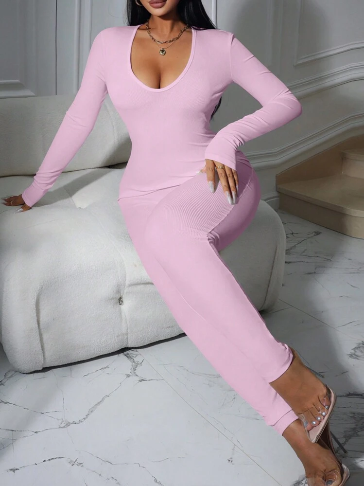 SHEIN EZwear Plus Size Long Sleeve Jumpsuit - Pink - View 5