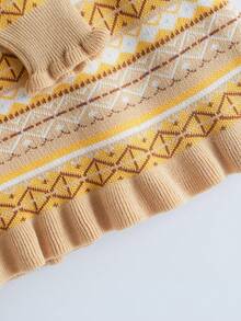 SHEIN Cô gái In Hình học Nút Lên Áo len Mở Và Ruffled Hem Váy dệt kim Bộ - Màu be - Xem 6