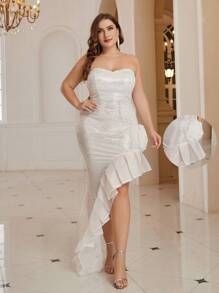 SHEIN Belle Vestido De Talla Grande Para Mujer Sin Tirantes Con Lentejuelas Brillantes, Con Dobladillo Con Volantes Y Flores En 3d, Adecuado Para Fiestas De Noche - Azul Marino - Ver 3