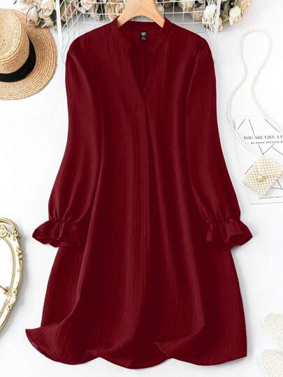 SHEIN Clasi Plus Size Notched-Neck Flare Sleeve Dress, Burgundy Color Women Outfit Fall Cloth For Women