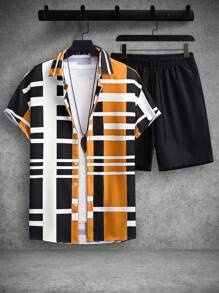 Manfinity Homme Men'S Stripe Short Sleeve Shirt And Shorts Set, Men Stripe Button Up Shirt Shorts Set, Men Two Piece Casual Short Sets, Men 2 Piece Set Summer, Black And Orange Shirt Men - Multicolor - View 3