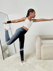 SHEIN Tween 女童运动紧身裤，带网眼面板，适合健身和瑜伽等户外活动 - 深灰色 - 查看 4