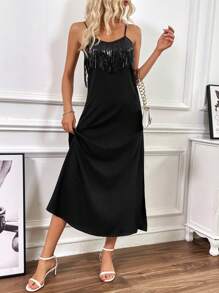 SHEIN Clasi 女性亮片拼接流蘇裝飾高開衩束腰背心連衣裙 - 黑色 - 查看 4