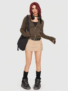 ROMWE Grunge Punk 袋鼠口袋拉鍊連帽開衫 - 駝色 - 查看 2