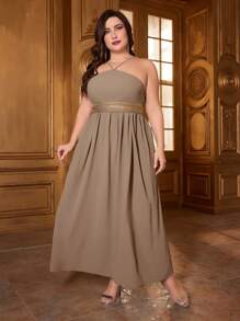 Al Najma 大碼花卉印花外套和露背連衣裙套裝 - 卡其色 - 查看 6