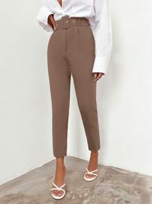 SHEIN Cottnline Solid Color Belted Dress Pants - Camel - View 5