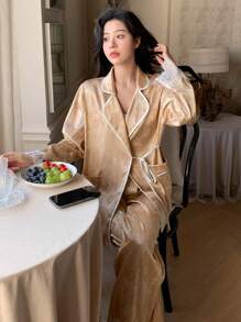 DAZY Flower Patchwork Edge Detail Long Sleeve Pajama Set