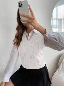 Chiquease Cable Knitted V-Neck Sweater Vest - White - View 5
