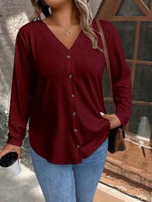 SHEIN LUNE Plus Size Solid Color Front Button T-Shirt - Burgundy - View 5