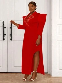Plus Size Spring/Summer Exaggerated Shoulder Pads With Beaded Decoration, Split Hem, Long Sleeve Dress - Red - View 5