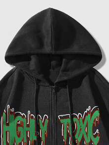 ROMWE MEN Street Life Guys Letter & Spider Graphic Drawstring Thermal Lined Hoodie - Black - View 5