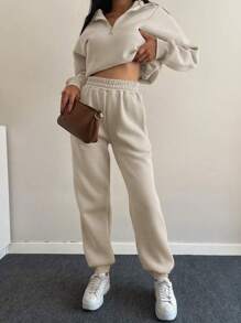 EURMUSE Women's Half Zipper Pullover Hoodie And Sweatpants Set - Apricot - View 1