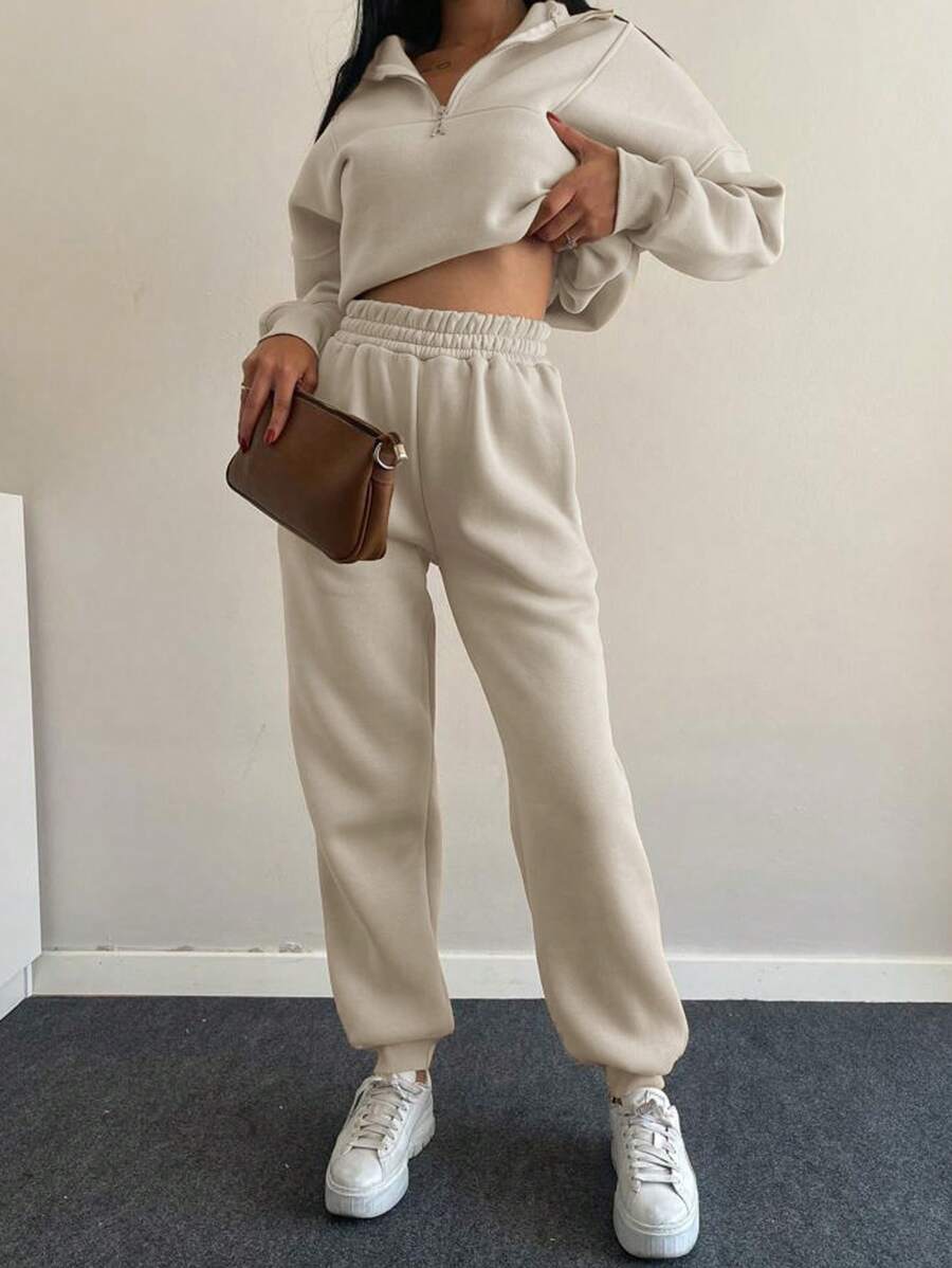 EURMUSE Women's Half Zipper Pullover Hoodie And Sweatpants Set - Apricot - View 1