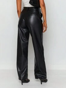 MYOURSA 女士宽松PU皮裤直筒高腰休闲派对冬季日常穿着套装 - 查看 2