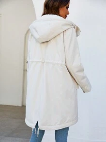 SHEIN Unity 女士连帽加厚棉服外套冬季带抽绳腰带 - 米色 - 查看 2