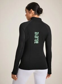 Yoga Basic Breathable Mesh Fabric Jacket With Letter Print Design For Sports - Black - View 1