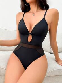 Mesh Insert Hollow Out Detail Bodysuit For Shapewear - Black - View 4