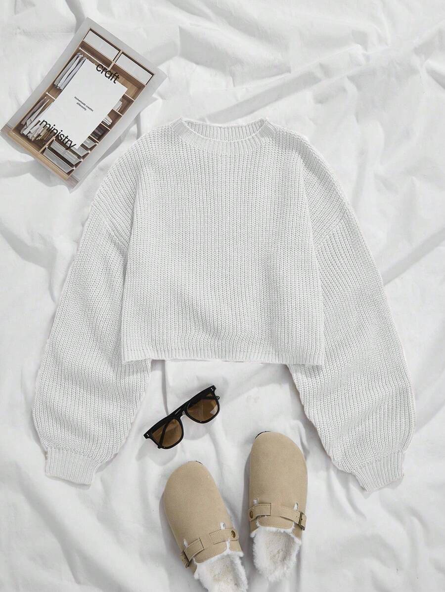 SHEIN Essnce Solid Color Long Sleeve Sweater - White - View 1