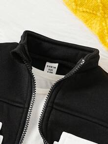 嬰兒男童時尚字母印花連帽上衣和運動長褲套裝,適用於春、秋和冬季 - 黑與白 - 查看 3