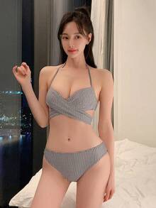 DAZY Của phụ nữ In Houndstooth Bộ Bikini - Đen và trắng - Xem 4