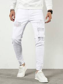 Manfinity Homme Nam Cotton Rách Sờn Skinny Jeans Slim Fit Dài Jean Hàng Hóa Đồng Bằng Toàn Màu Trắng Đi Chơi Thời Phục Hưng Bạn Bè - trắng - Xem 1