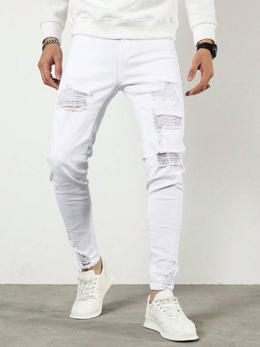 Manfinity Homme Nam Cotton Rách Sờn Skinny Jeans Slim Fit Dài Jean Hàng Hóa Đồng Bằng Toàn Màu Trắng Đi Chơi Thời Phục Hưng Bạn Bè - trắng - Xem 1