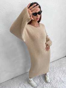 SHEIN Unity Solid Color Long Sleeve Casual Knitted Sweater Dress - Brown - View 3