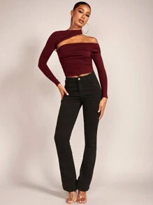 SHEIN BAE 纯色不对称领口落肩上衣 - 酒紅色 - 查看 3