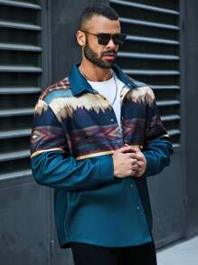 Manfinity Homme Shacket Casual A Maniche Corte Con Stampa Geometrica Taglia Extra Per Uomo