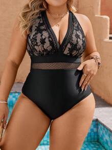 SHEIN Swim 大尺碼蕾絲拼接露背連身吊帶泳衣 - 黑色 - 查看 3