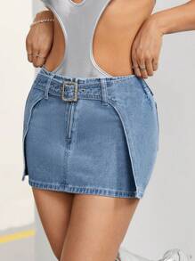 SHEIN ICON Falda De Mezclilla Lavada - Azul lavado medio - Ver 6