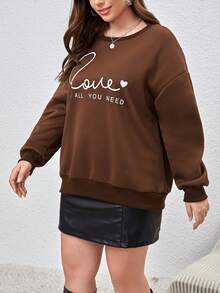 SHEIN Essnce Women'S Plus Size Drop Shoulder Sweatshirt With Slogan Print - Coffee Brown - View 3