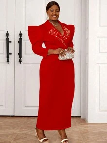Plus Size Spring/Summer Exaggerated Shoulder Pads With Beaded Decoration, Split Hem, Long Sleeve Dress - Red - View 3