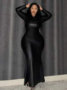 Slaydiva Plus Size Pu Hooded Long Dress - Black - View 1