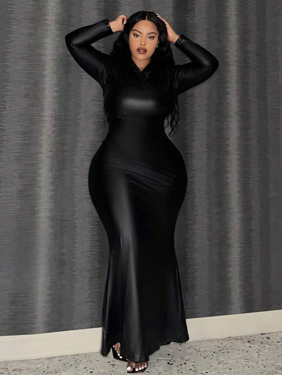 Slaydiva Plus Size Pu Hooded Long Dress - Black - View 1
