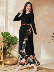 Seusyu Vestido Envolvente Estampado Floral Para Mujer Con Dobladillo De Volantes - Negro - Ver 2