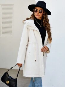 SHEIN Unity 女士连帽加厚棉服外套冬季带抽绳腰带 - 米色 - 查看 3