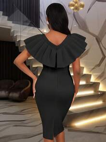 蝴蝶結細節荷葉邊緊身連衣裙 - 黑色 - 查看 2