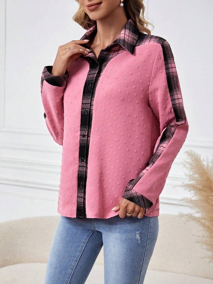 Plaid Panel Long Sleeve Shirt Fall Cloth For Women