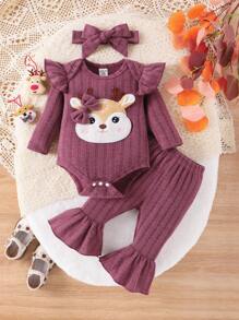 Baby Girls' Headband & Deer Printed Romper And Pants Set - Purple - View 1