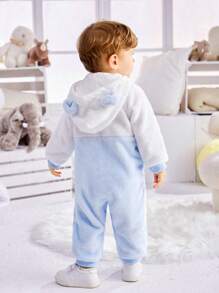 SHEIN Baby Boy Cartoon Embroidery 3D Ear Design Hooded Jumpsuit - Blue and White - View 2
