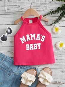 Young Girl Casual Sleeveless Halter Top With Letter Print, Suitable For Summer - Hot Pink - View 1