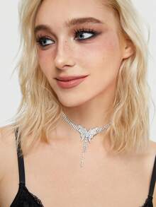 ROMWE Fairycore Dây chuyền nhiều lớp pha lê, ngọc trai và nơ, thiết kế thời trang, mặt dây chuyền xương đòn, phụ kiện cá nhân hóa cho nữ - Bạc - Xem 3